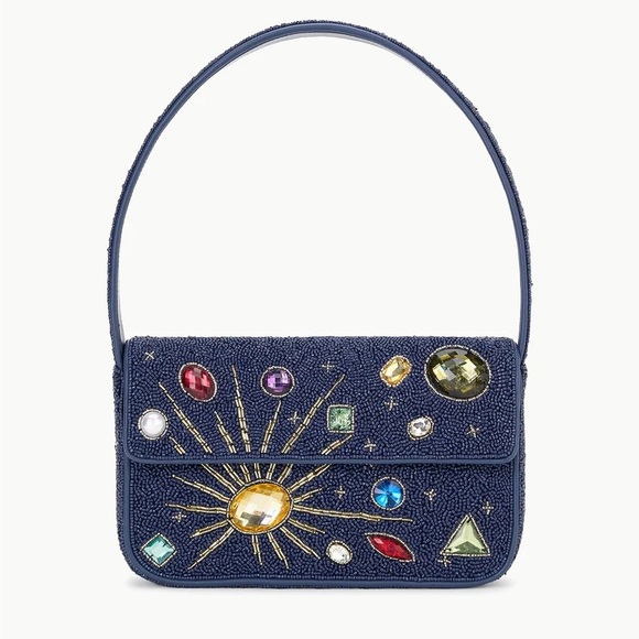 STAUD Handbags - STAUD Navy Beaded Shoulder Bag with Multicolored Gem Embellishments